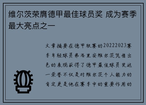 维尔茨荣膺德甲最佳球员奖 成为赛季最大亮点之一